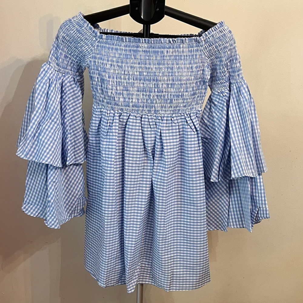Sky Blue Checkered Off-Shoulder Dress